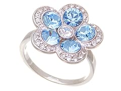 Aqua and White Swarovski Crystal Sterling Silver Flower Ring