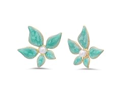 18K Gold Turquoise Flower Pearl Studs