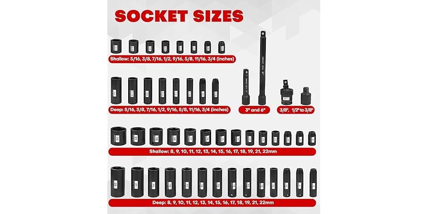 48 Pcs 3/8” Drive Impact Socket Set, 6pt