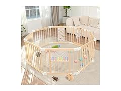 Ulnxiy Foldable Wooden Baby Playpen Activity Center,Adjustable Size & Shape Portable Play Yard, Baby Fence Play Area with Gate for Indoor Use for Babies and Toddlers(56x56x24inches) (Open Box)