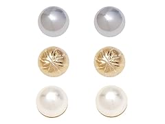 Gold, Pearl, & Silver Ball Set of 3 Stud Earrings