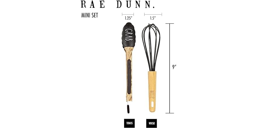 Rae Dunn Everyday Collection - Juego de utensilios de cocina de 7 piezas, herramientas de cocina de acero inoxidable y silicona con asas de madera, (negro y blanco