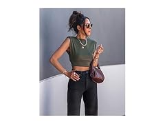 The Drop Rifle Green Padded Shoulder Crop Top (L)