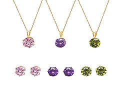 Green, Pink, & Purple Round-Cut Set of 3 Stud Earrings & Pendant Necklaces