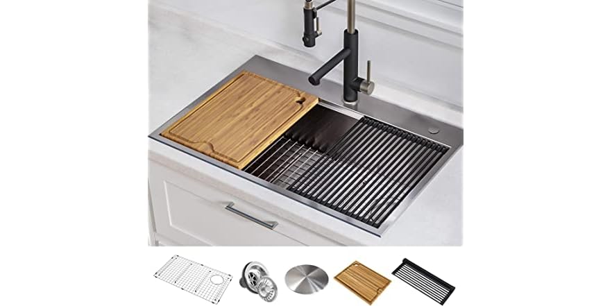 kraus kore 30-inch drop in/top mount workstation 16 gauge single bowl stainless steel kitchen sink with accessories, kwt310-30