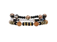 Stretch Beaded Bracelet Stack with Brown & Gold Charm