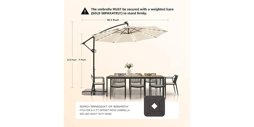 PINKYA 10 FT Patio Offset Umbrella With Solar Lights, Deck Umbrella Easy Tilt Outdoor Cantilever Hanging Umbrella 8 Ribs Cross Base Backyard Poolside Lawn