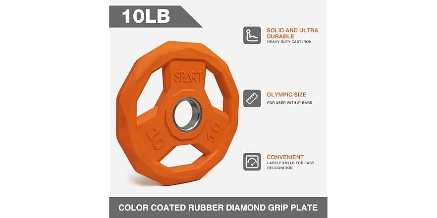 SPART Color Coded Weight Plate 2-Inch Rubber Coated Olympic Grip Plate For Barbell,Solid Cast Iron Weight Plates For Strength Training,Weightlifting, Crossfit,Home Gym, 10LB, Pair - View #5