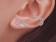 Silver Heart Ear Pin Earring Leaf Earcuff
