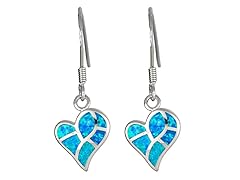 Sterling Silver Created Opal Dangling Heart Earring