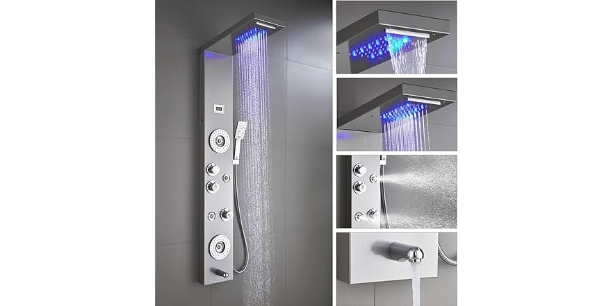 Ello&allo Shower Panel Tower – LED Rain & Waterfall Massage System, Brushed Nickel, 5 Spray Patterns