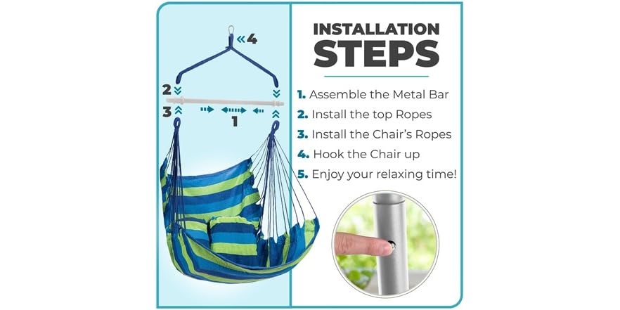 Project One Hanging Rope Hammock Chair – 300 Lb Capacity, Includes 2 Pillows, Carry Bag, Hardware Kit, Side Pockets & Cup Holder, Grey, For Indoor/Outdoor Relaxation