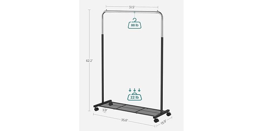 SONGMICS Clothes Rack with Wheels, Black + Chrome