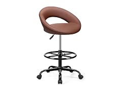 Drafting Chair with Back, Height Adjustable Rolling Stool with Foot Rest, Tall 360° Swivel Stool PU Leather Chair with Wheels for Home Office, Standing Desk, Brown (Open Box)