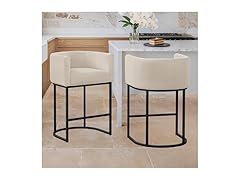 LUE BONA 27" H Counter Height Bar Stools Set of 2, Modern Barrel Counter Stools with Backrest and Arms, Black Metal Frames, Linen Fabric Upholstered Accent Barstools for Kitchen Island, Linen Color (Open Box)