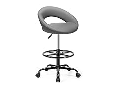 BESTFAIR Drafting Chair for Standing Desk, Height Adjustable Rolling Stool with Backrest & Footrest, Tall 360° Swivel PU Leather Stool Chair with Wheels for Office, Gray (Open Box)