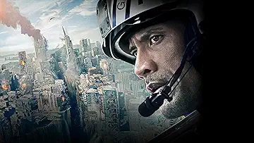 Dwayne Johnson as Ray Gaines stands amid earthquake destruction in San Andreas (2015), the San Andreas game.