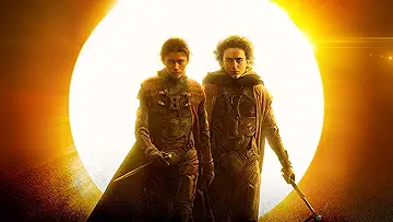 Zendaya (with Spice-blue eyes) as Chani the Fremen warrior, watching Timothée Chalamet's Paul Atreides begin a religious war in Denis Villeneuve's Dune: Part Two (2024).