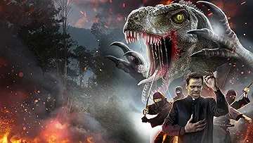 A velociraptor screams on the poster for Brendan Steere's VelociPastor (2017).