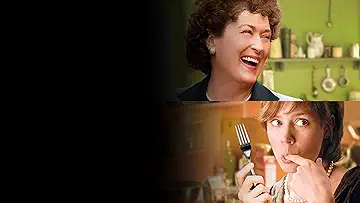 Meryl Streep as Julia Child smiling joyfully in a kitchen, while Amy Adams as Julie Powell tests what she's made, in the poster for the Julie & Julia game.
