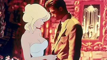 Brad Pitt's Frank Harris and Kim Basinger's Holli Would in front of a creepy mansion on the poster for the Cool World game