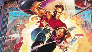 Arnold Schwarzenegger as Jack Slater holding a gun with an explosion behind him in the Last Action Hero game