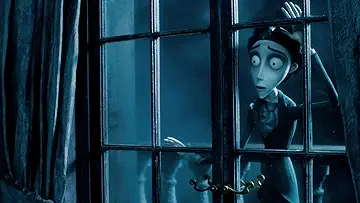 Victor Van Dort (Johnny Depp) holding hands with Emily, the Corpse Bride (Helena Bonham Carter) on the poster for Corpse Bride (2005).