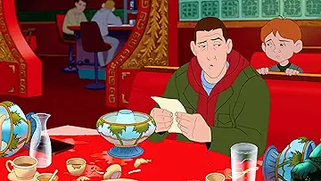 Adam Sandler's Whitey looks at annoyed at a kid, in the Eight Crazy Nights game