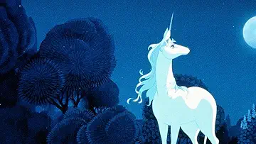 Amalthea (Mia Farrow) on the poster for The Last Unicorn (1982) and the The Last Unicorn game.
