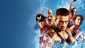 Jean-Claude Van Damme as Guile stands ready for combat in military gear in the Street Fighter game.