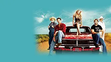 Jessica Simpson as Daisy Duke sitting on the General Lee, with Seann William Scott as Bo Duke and Johnny Knoxville as Luke Duke, in the movie poster for Dukes of Hazzard (2005).