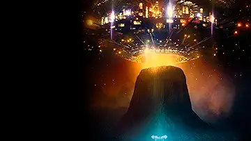 A UFO hovers of the Devil's Tower in Steven Spielberg's Close Encounters of the Third Kind (1977).