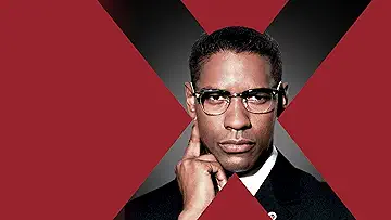 Denzel Washington's Malcolm X poses on the poster for Spike Lee's Malcolm X (1992) for the Malcolm X game