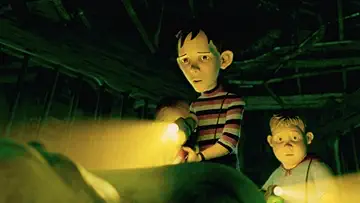 The menacing Monster House looms over DJ, Chowder, and Jenny in the poster for the Monster House game