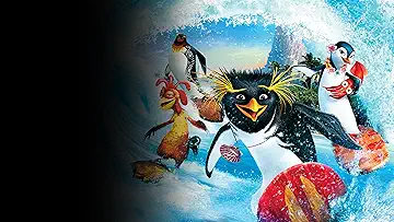 Cody Maverick (Shia LaBeouf), Lani Aliikai (Zooey Deschanel), Chicken Joe (Jon Heder), and Tank Evans (Diedrich Bader) ride a massive wave in the poster for the animated movie Surf's Up (2007).