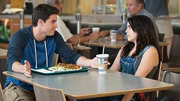 Mae Whitman's Bianca, Robbie Amell's Wesley, Bella Thorne's Madison, and Ken Jeong's Mr. Arthur pose in a school on the poster for The DUFF (2015) the The DUFF game