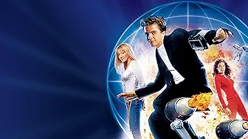 Frankie Muniz's Cody Banks, Hilary Duff's Natalie Connors, and Angie Harmon's Ronica Miles pose in front of futuristic gadgets on the poster for the Agent Cody Banks game.