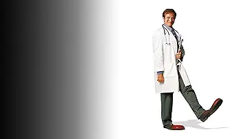 Robin Williams' Patch Adams stands in clown shoes, on the poster for the Patch Adams game