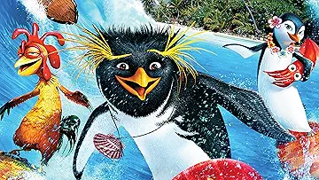 Cody Maverick (Shia LaBeouf), Lani Aliikai (Zooey Deschanel), Chicken Joe (Jon Heder), and Tank Evans (Diedrich Bader) ride a massive wave in the poster for the Surf's Up game.