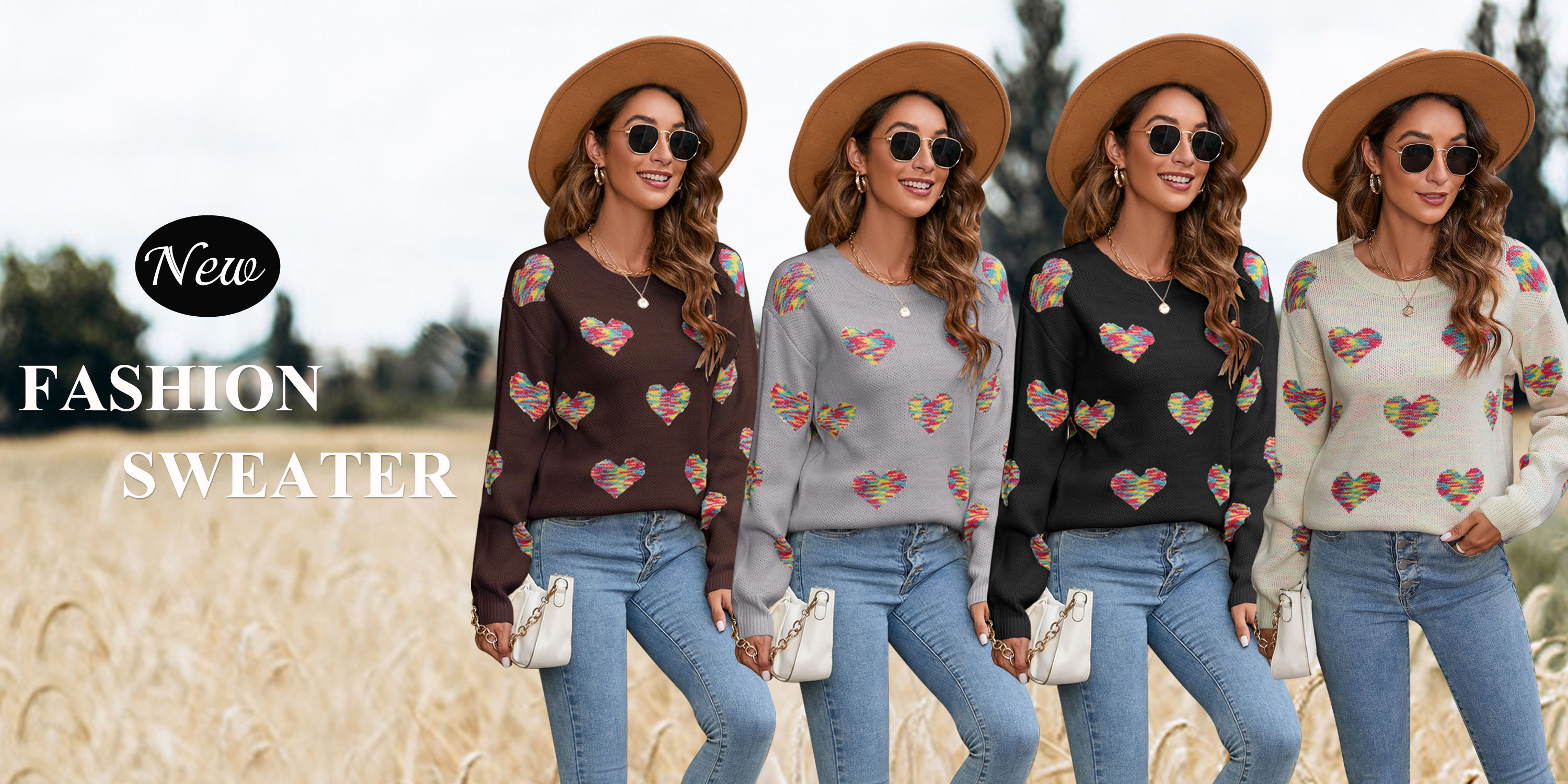 Cogild Women's Pullover Sweater – Long Sleeve Crew Neck Color Block Loose Knit Sweater