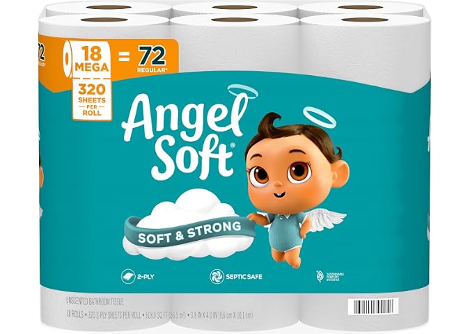 Angel Soft Papel higiénico, 18 megarrollos = 72 rollos regulares, papel higiénico suave y fuerte
