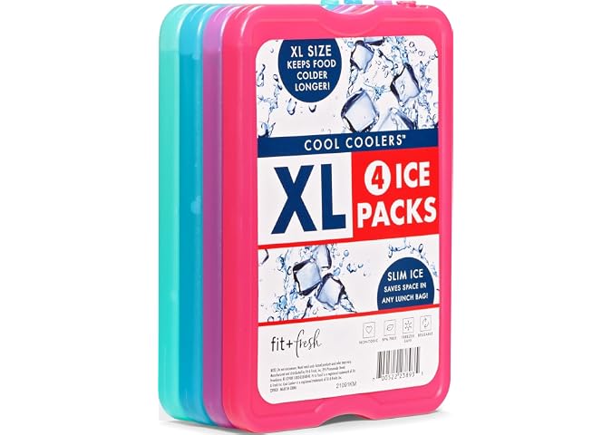 Cool Coolers by Fit & Fresh 4 Pack XL Slim Ice Packs, Quick Freeze Space Saving Reusable Ice Packs for Lunch Boxes or Coolers