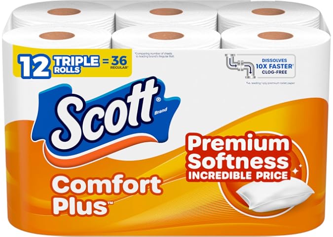Scott ComfortPlus - Papel higiénico, 12 rollos triples, 231 hojas por rollo, seguro para séptico, papel higiénico de 1 capa