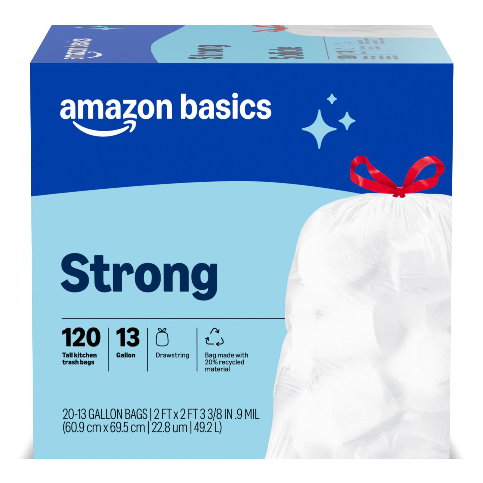 Amazon Basics 쓰레기 봉투, 긴 주방 드로스트링, 무향, 49.2L(13갤런), 120개, 1팩, 포장은 다를 수 있음
