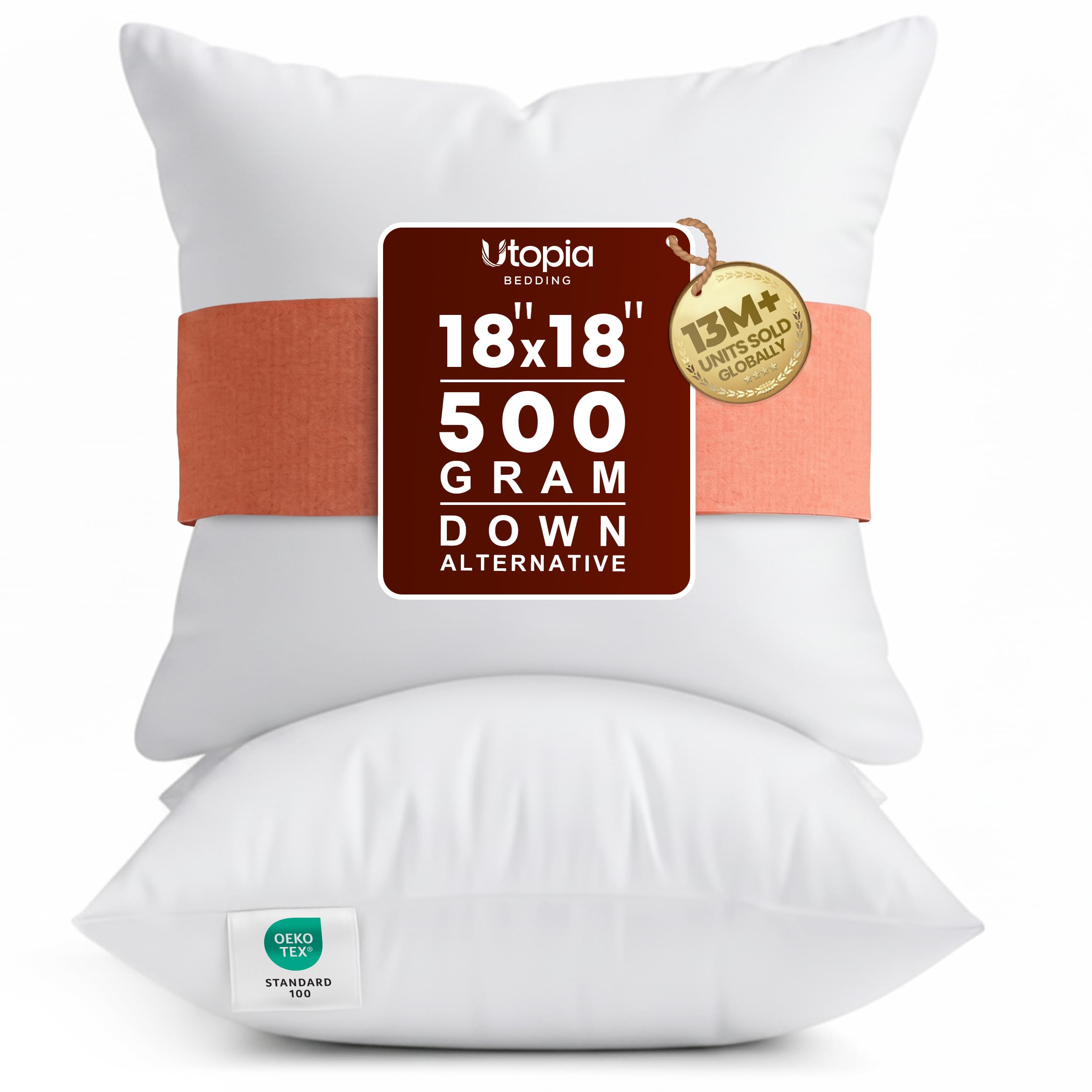 Utopia Bedding 45.7x45.7cm(18x18인치) 베개 인서트, 소파용 화이트 장식용 베개, 2팩 | 100% 버진 충전재, 침대, 소파 및 소파용 실내 쿠션 인서트, 추가 충전재, 지지력이 좋고 푹신한 장식용