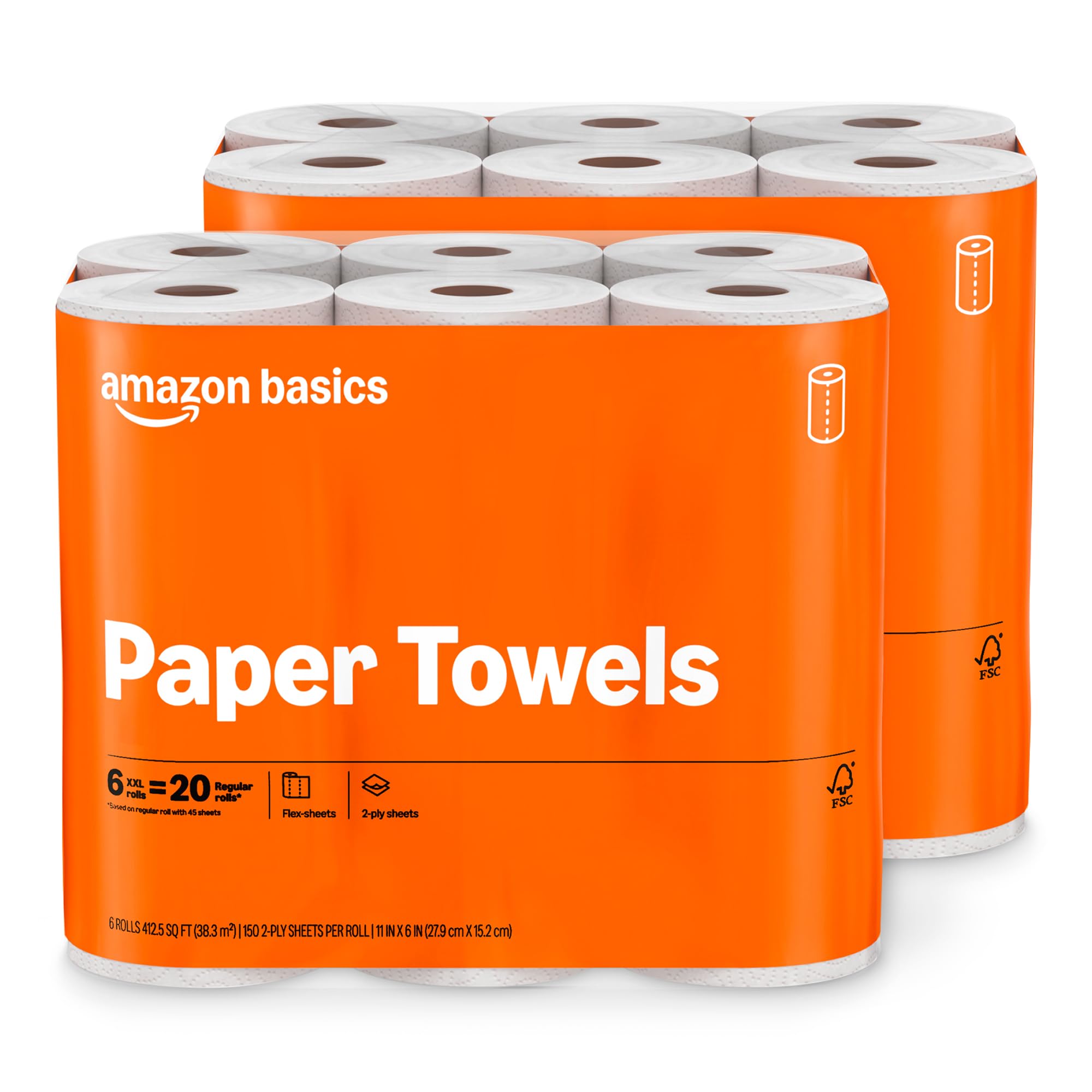 Amazon Basics 2겹 플렉스 시트 페이퍼 타월, 베이직 롤 12개 = 레귤러 롤 40개, 롤당 150장이 있는 일상 생활용, 포장은 다를 수 있음