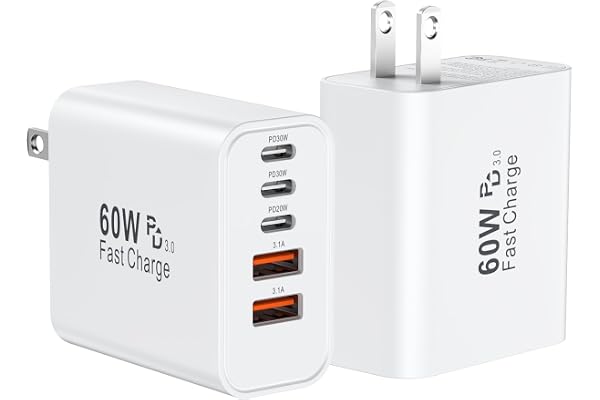 Bloque de cargador rápido USB C, enchufe de cargador de pared USBC de 60 W, paquete de 2 cubos de carga de teléfono tipo C de 5 puertos tipo C, adapta